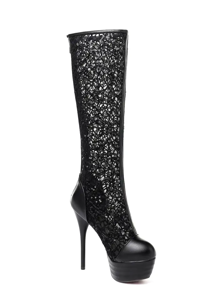 Women's Round Toe Lace Back Zippers Stiletto Heel Platform Mid-Calf Boots