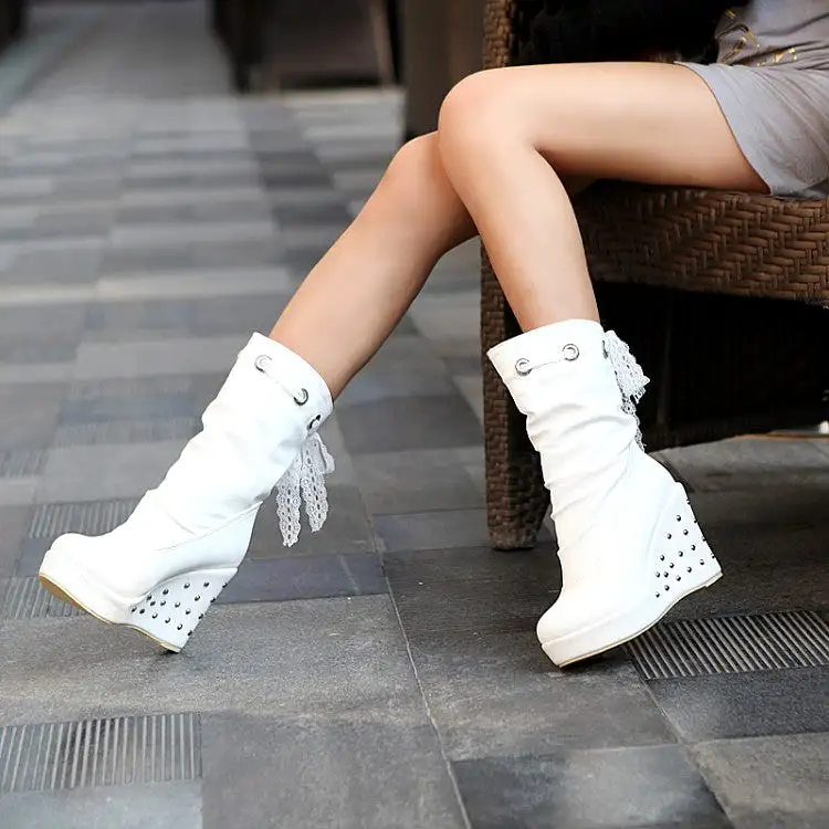 Women's Round Toe Lace Tied Straps Rivets Wedge Heel Platform Mid Calf Boots