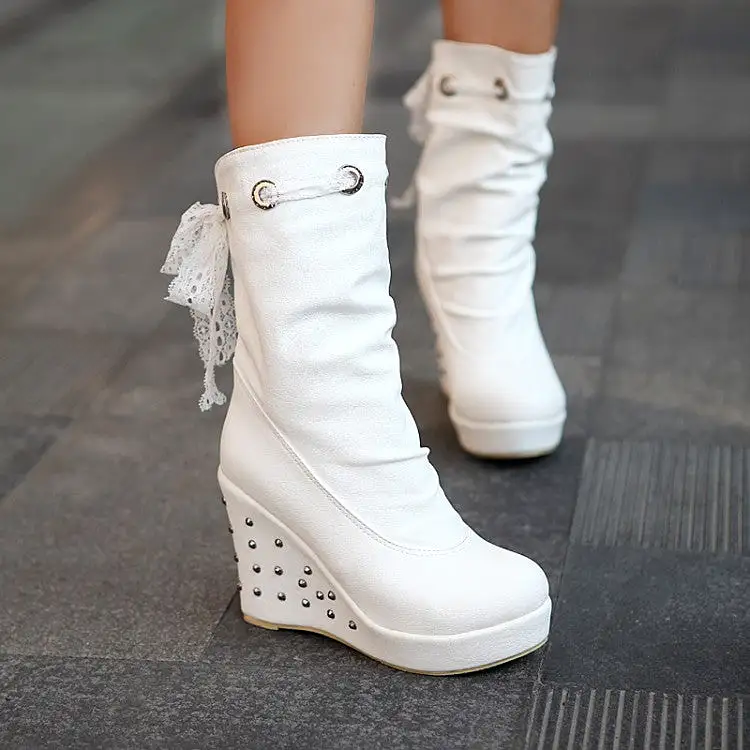 Women's Round Toe Lace Tied Straps Rivets Wedge Heel Platform Mid Calf Boots