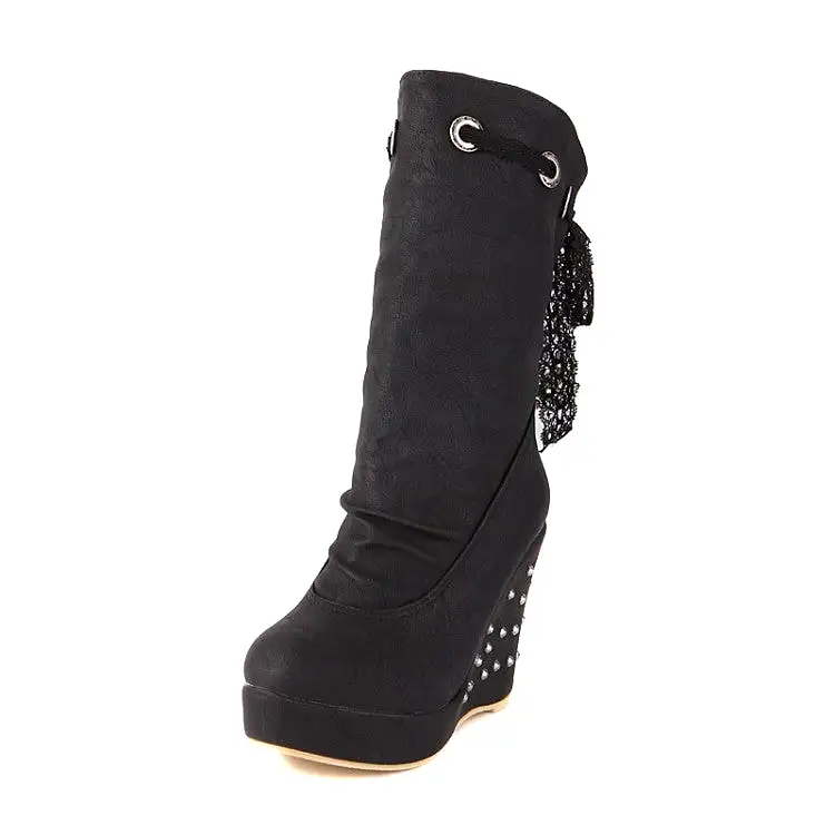 Women's Round Toe Lace Tied Straps Rivets Wedge Heel Platform Mid Calf Boots