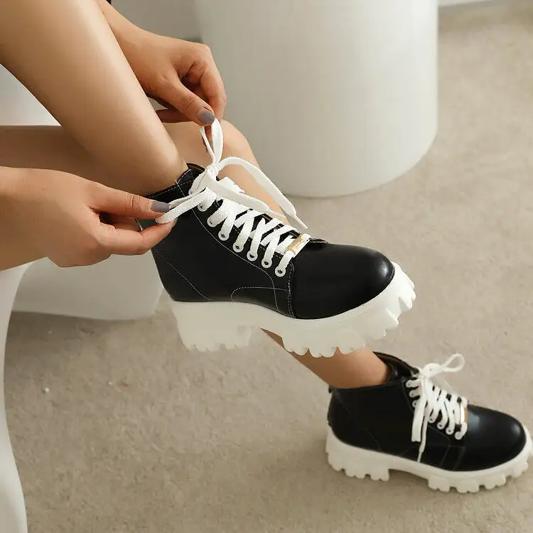 Women's Round Toe Lace Up Back Zippers Block Chunky Heel Platform Short Boots