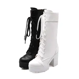 Women's Round Toe Lace Up Block Chunky Heel Platform Mid-Calf Boots