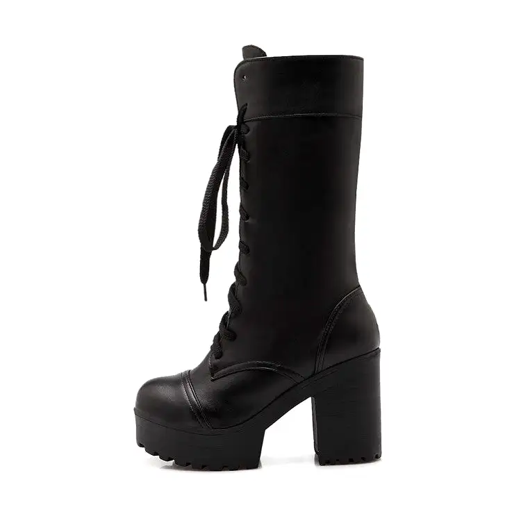 Women's Round Toe Lace Up Block Chunky Heel Platform Mid-Calf Boots