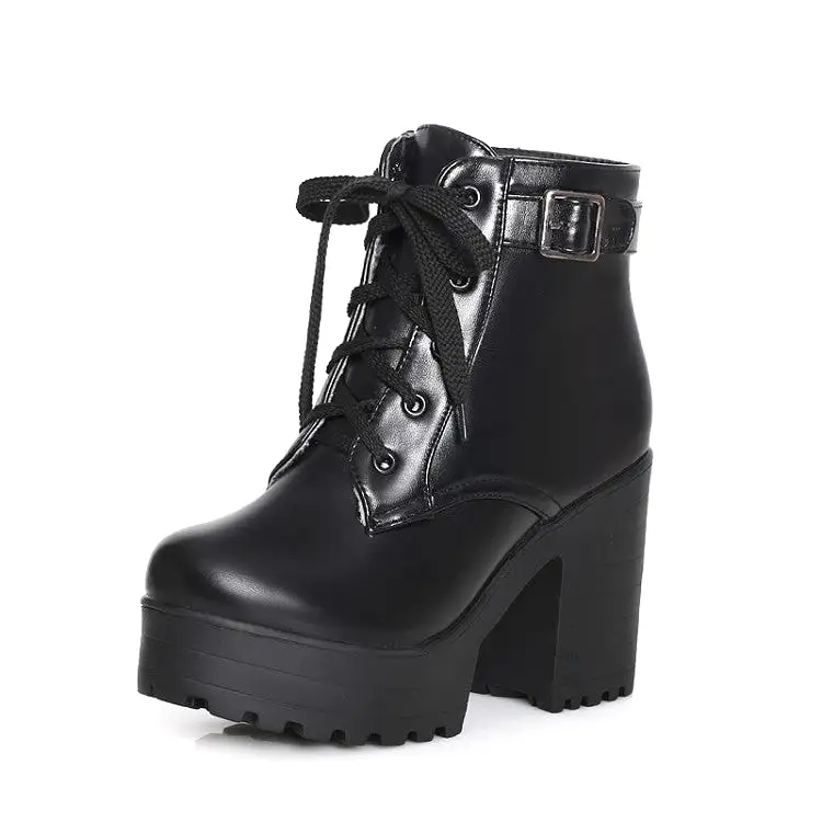 Women's Round Toe Lace-Up Buckle Straps Block Chunky Heel Platform Short Boots