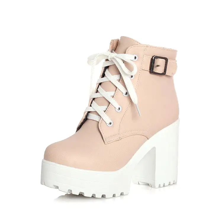 Women's Round Toe Lace-Up Buckle Straps Block Chunky Heel Platform Short Boots