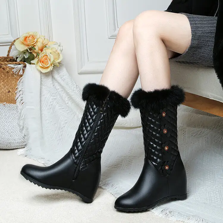 Women's Round Toe Lattice Fur Wedge Heel Inside Heighten Mid Calf Boots