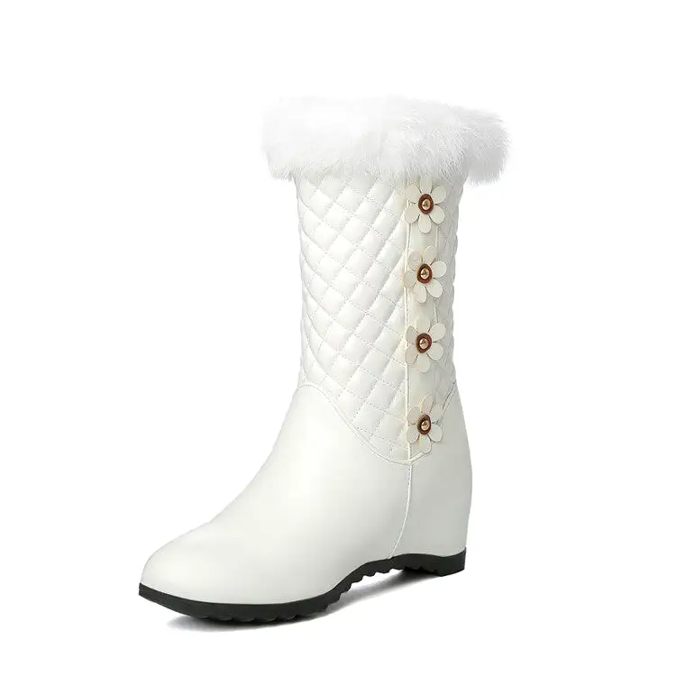 Women's Round Toe Lattice Fur Wedge Heel Inside Heighten Mid Calf Boots