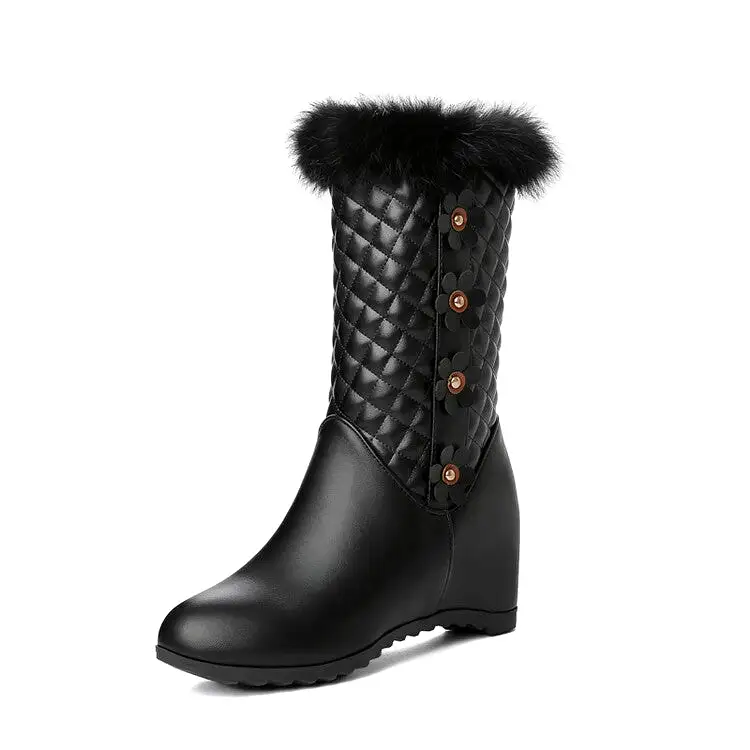 Women's Round Toe Lattice Fur Wedge Heel Inside Heighten Mid Calf Boots