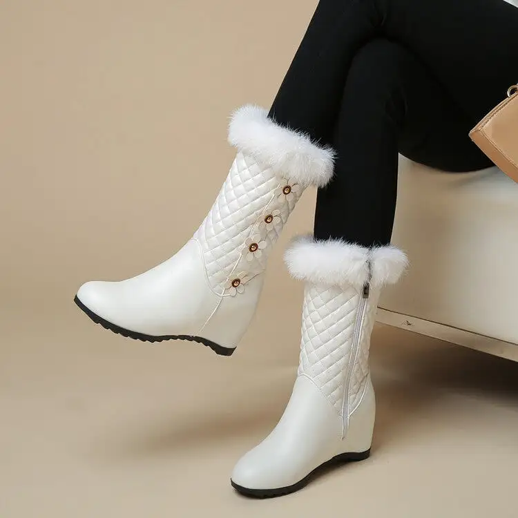 Women's Round Toe Lattice Fur Wedge Heel Inside Heighten Mid Calf Boots