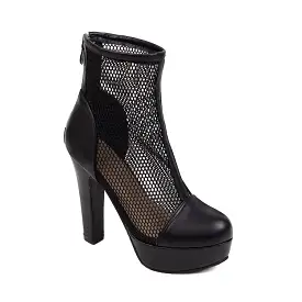 Women's Round Toe Mesh Back Zippers Block Chunky Heel Platform Short Boots