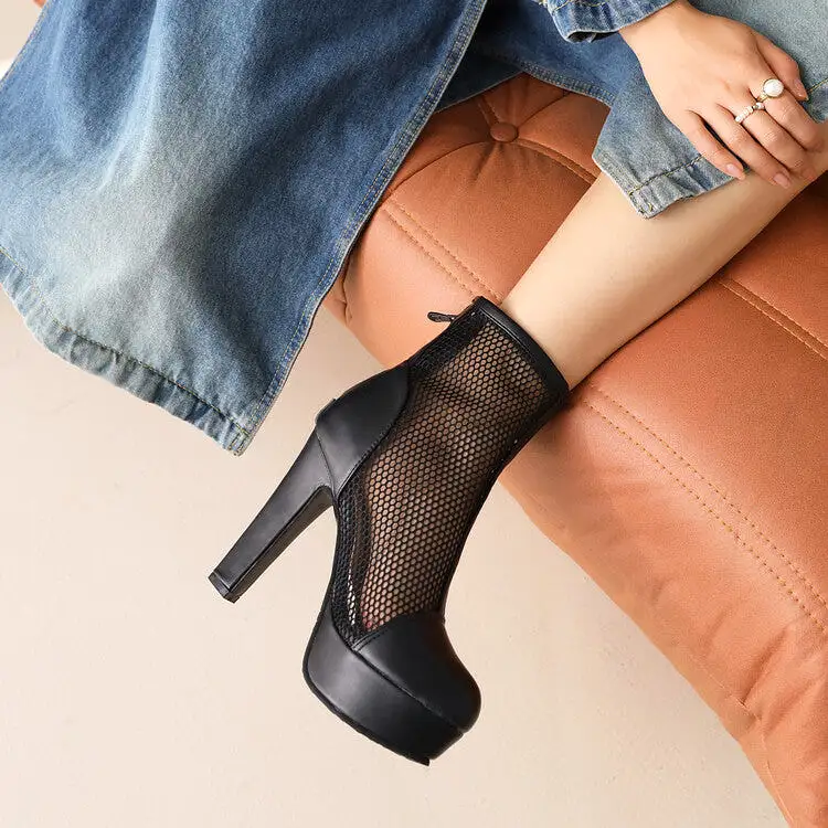 Women's Round Toe Mesh Back Zippers Block Chunky Heel Platform Short Boots