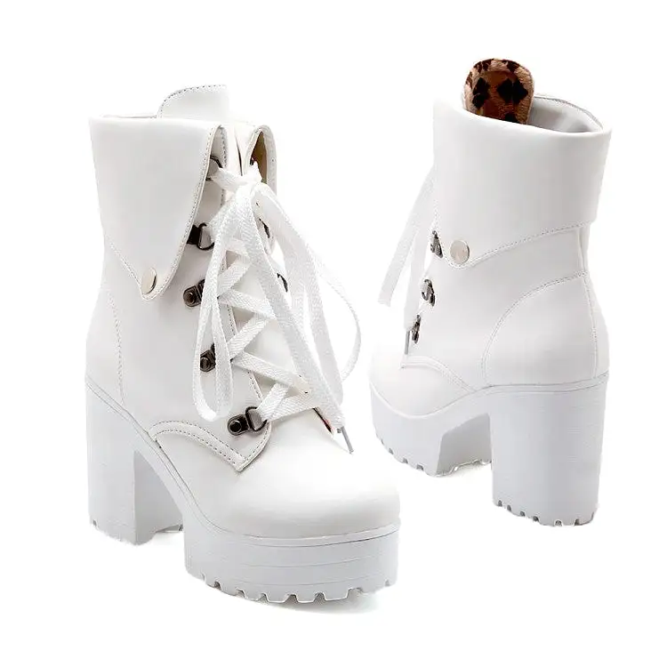 Women's Round Toe Rivets Lace-Up Block Chunky Heel Platform Short Boots