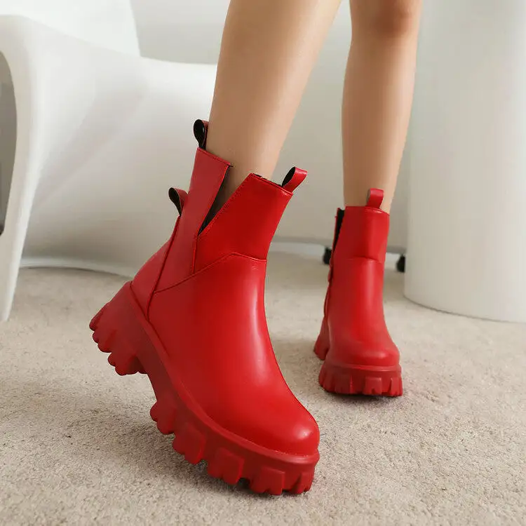 Women's Round Toe Side Zippers Block Chunky Heel Platform Short Boots