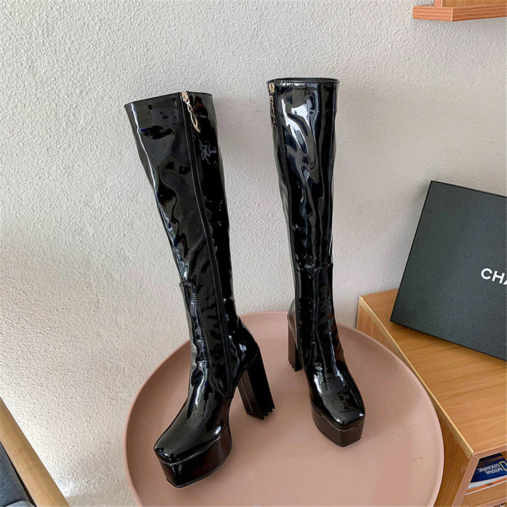 Women's Sexy Black Color High Heel Mid-Calf Platform Boot Shoes