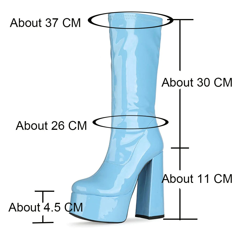 Women's Sexy Blue Color Platform Square Heel Mid-Calf Boot Shoes