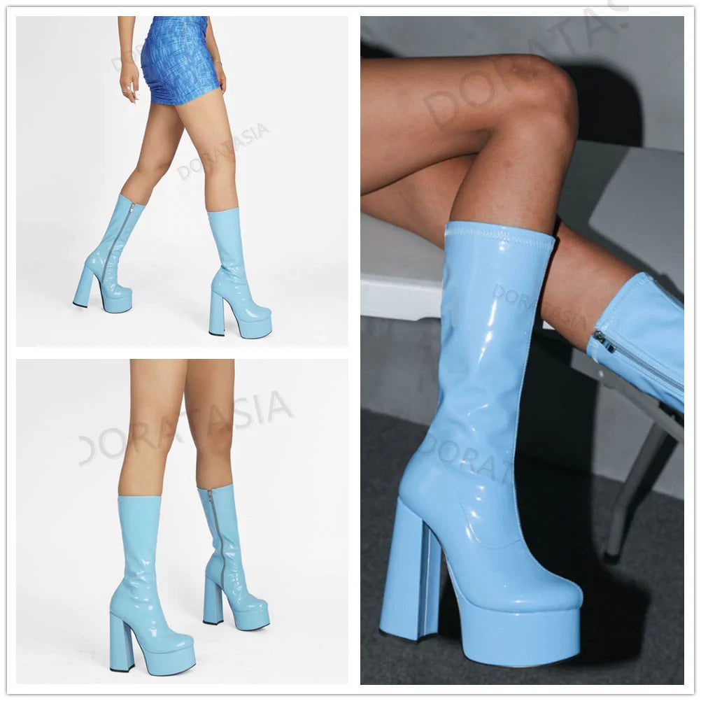 Women's Sexy Blue Color Platform Square Heel Mid-Calf Boot Shoes