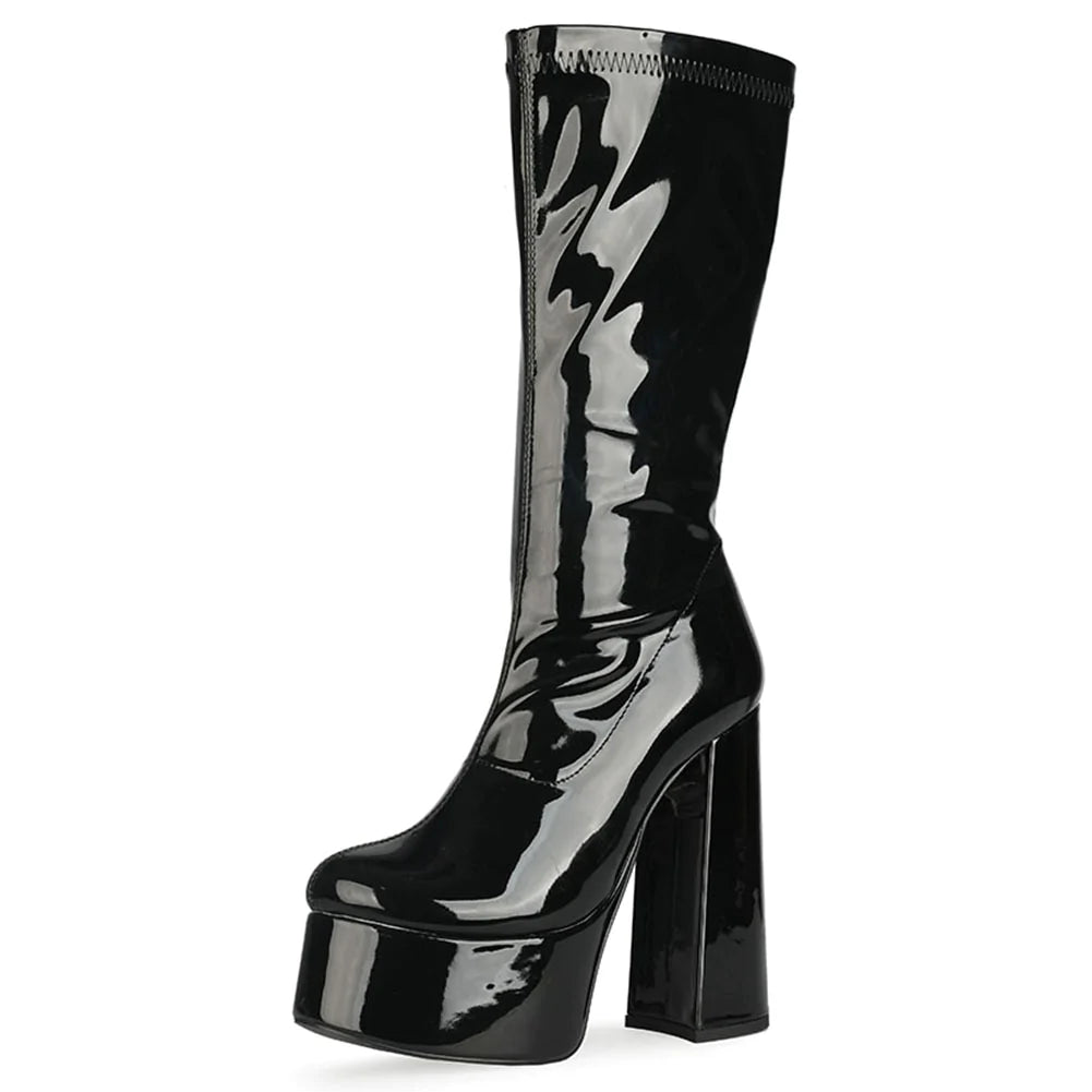 Women's Sexy Designer Black Color Square High Heel Mid-Calf Boots