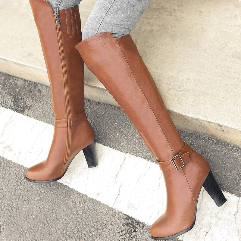 Women's Sexy Winter Warm Synthetic Leather Round Toe Buckle Knight Boots