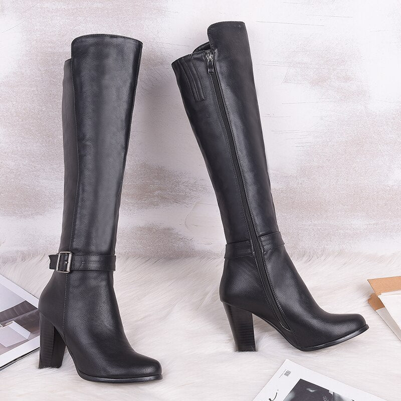 Women's Sexy Winter Warm Synthetic Leather Round Toe Buckle Knight Boots