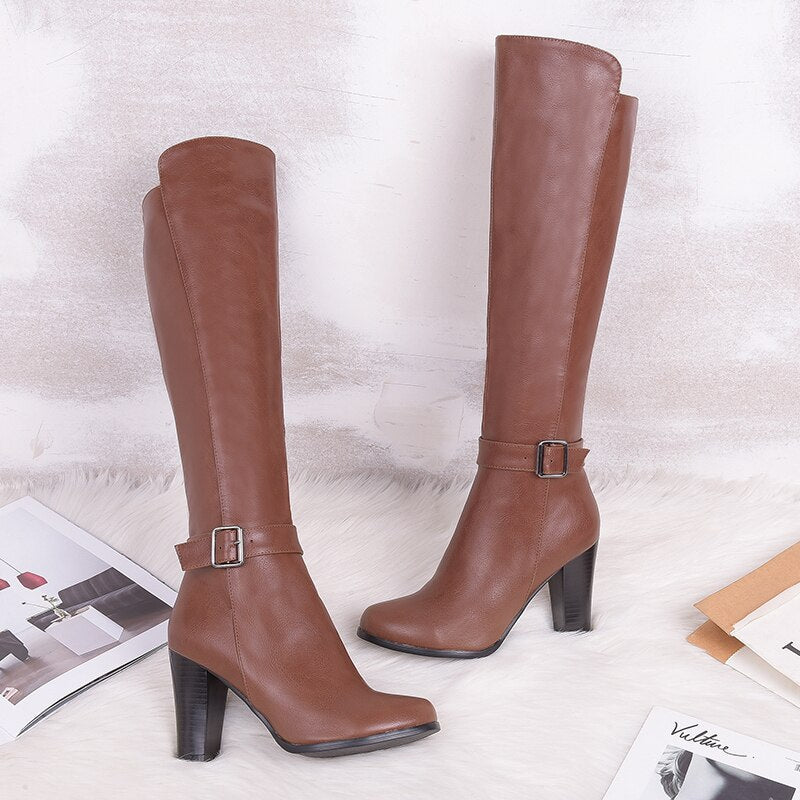 Women's Sexy Winter Warm Synthetic Leather Round Toe Buckle Knight Boots