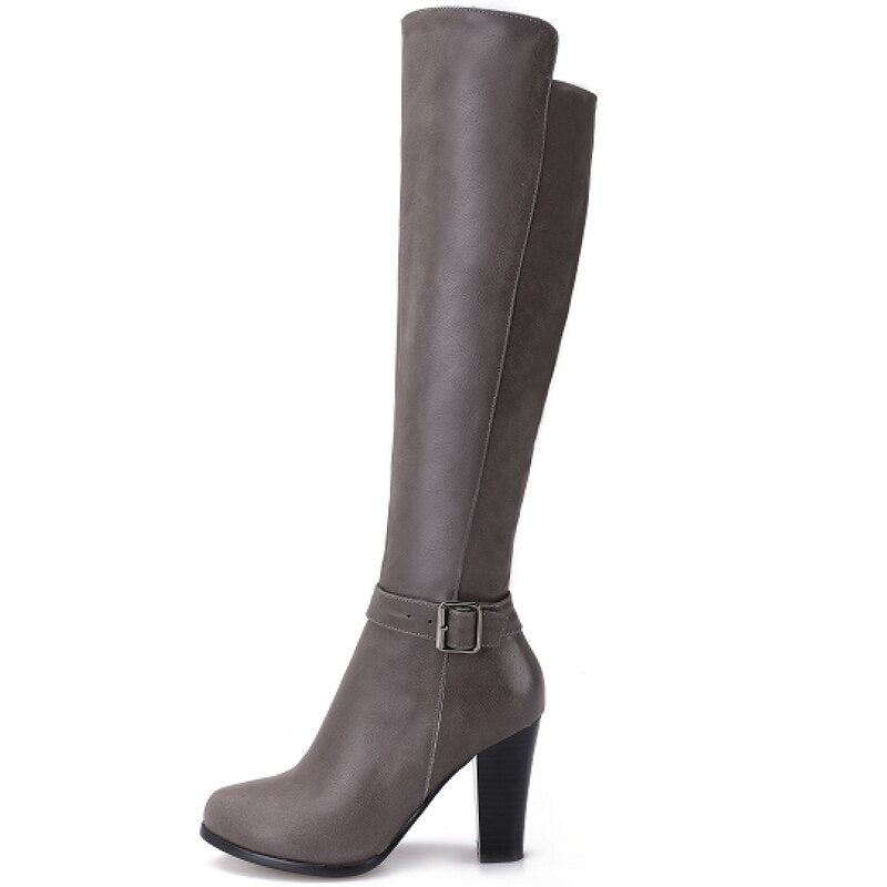 Women's Sexy Winter Warm Synthetic Leather Round Toe Buckle Knight Boots