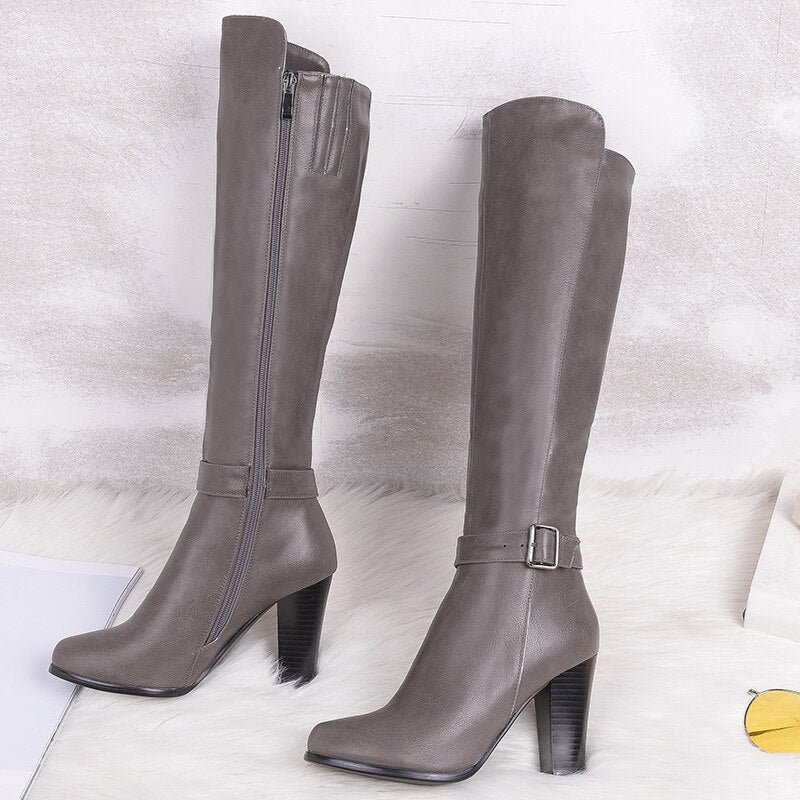 Women's Sexy Winter Warm Synthetic Leather Round Toe Buckle Knight Boots