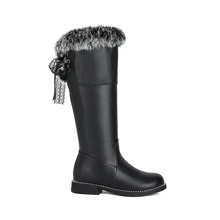 Women's Side Zippers Fur Chunky Heel Knee-High Boots