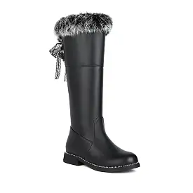 Women's Side Zippers Fur Chunky Heel Knee-High Boots