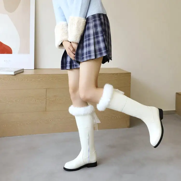 Women's Side Zippers Fur Chunky Heel Knee-High Boots