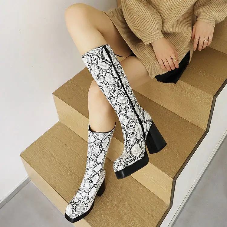 Women's Snake Printed Square Toe Side Zippers Block Chunky Heel Platform Mid-Calf Boots