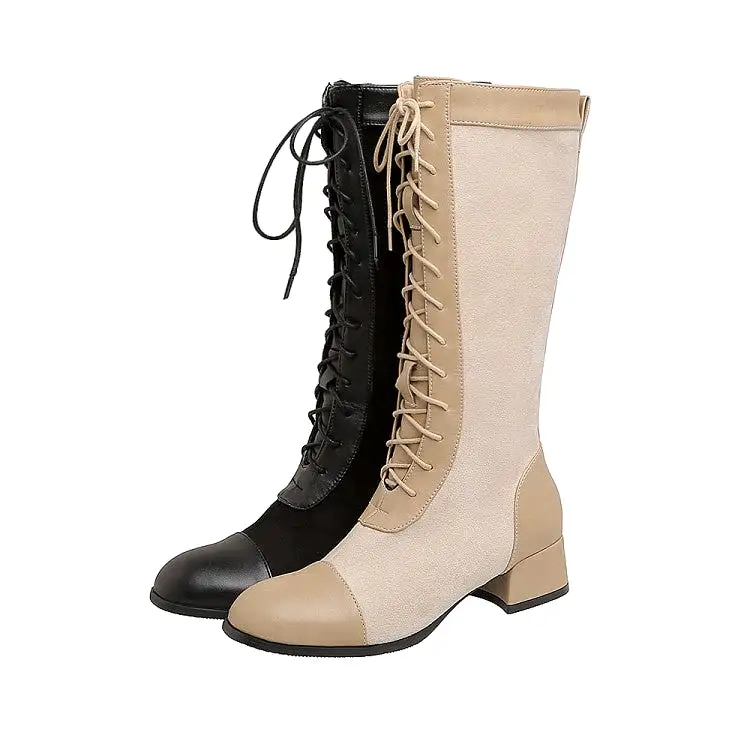 Women's Square Toe Lace-Up Block Chunky Heel Mid Calf Boots