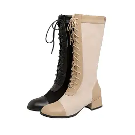 Women's Square Toe Lace-Up Block Chunky Heel Mid Calf Boots