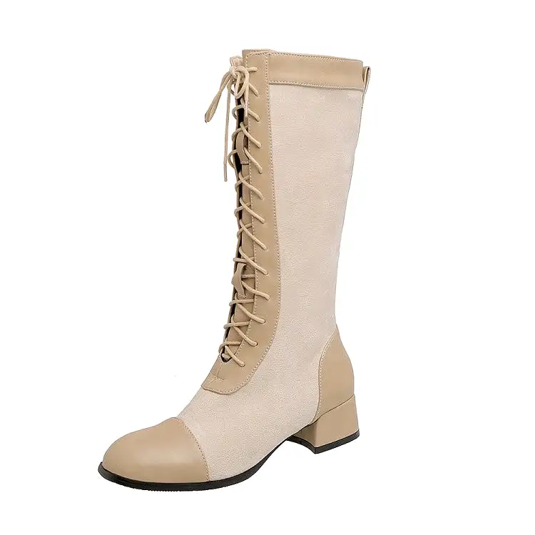 Women's Square Toe Lace-Up Block Chunky Heel Mid Calf Boots