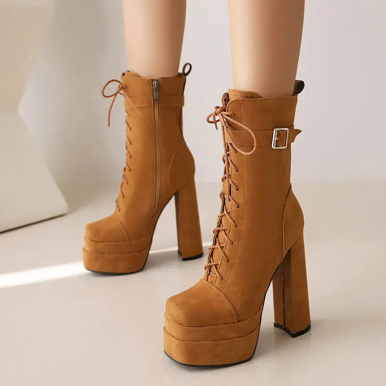 Women's Square Toe Lace Up Buckle Straps Block Chunky Heel Platform Side Zippers Short Boots