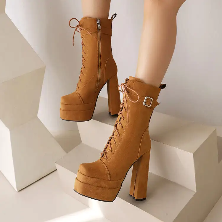 Women's Square Toe Lace Up Buckle Straps Block Chunky Heel Platform Side Zippers Short Boots