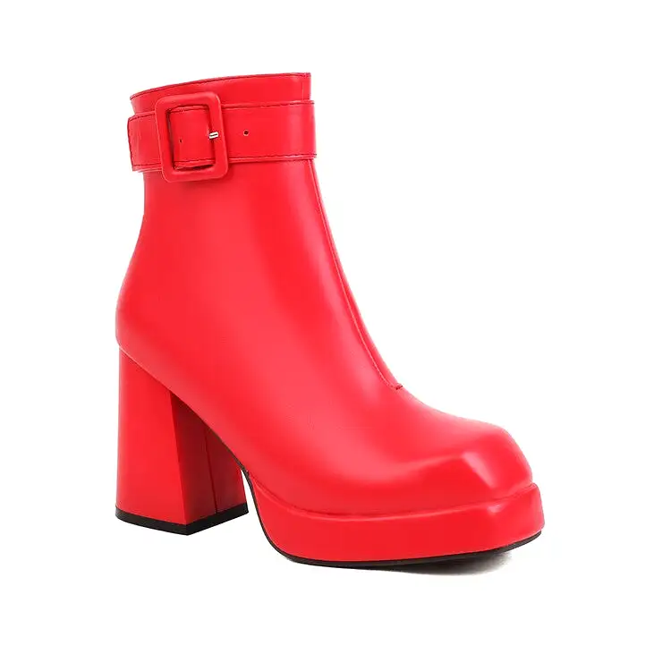 Women's Square Toe Side Zippers Block Chunky Heel Platform Buckle Straps Short Boots