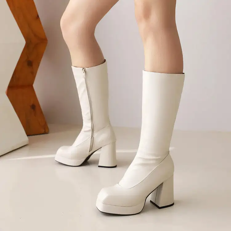 Women's Square Toe Side Zippers Block Chunky Heel Platform Mid-Calf Boots