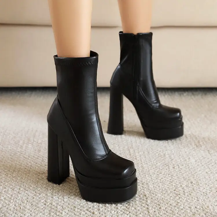 Women's Square Toe Side Zippers Block Chunky Heel Platform Short Boots