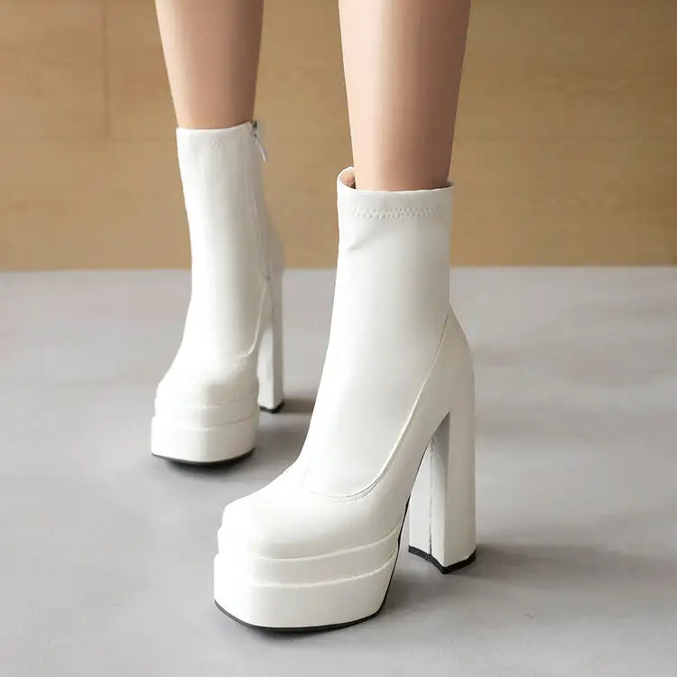 Women's Square Toe Side Zippers Block Chunky Heel Platform Short Boots