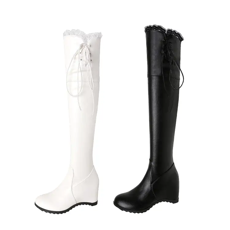 Women's Tied Straps Inside Heighten Wedge Heel Over-The-Knee Boots