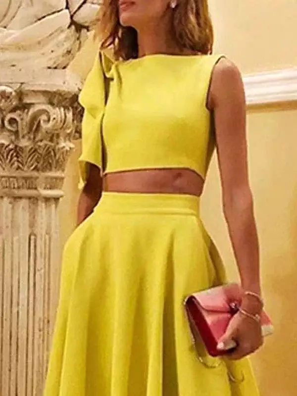 Yellow Ruffle Two-Piece Maxi Dress Set with Short Sleeve - Women's Spring and Summer Party Dress