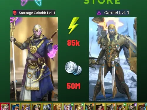 Raid Shadow legends | Starter with Mythical - Galathir : 85k energy / 50 mln coins / Cardiel, Ukko, Raglin, Saito, Arix, Ninja + 18 Login Legendaries / Geomancer