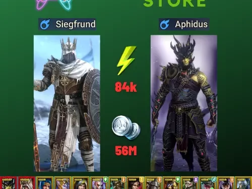 Raid Shadow legends | Starter with 2 Mythical - Siegfrund and Aphidus : 84k energy / 56 mln coins / Valkyrie, Fu-Shan, Arix, Ninja + 18 Login Legendaries